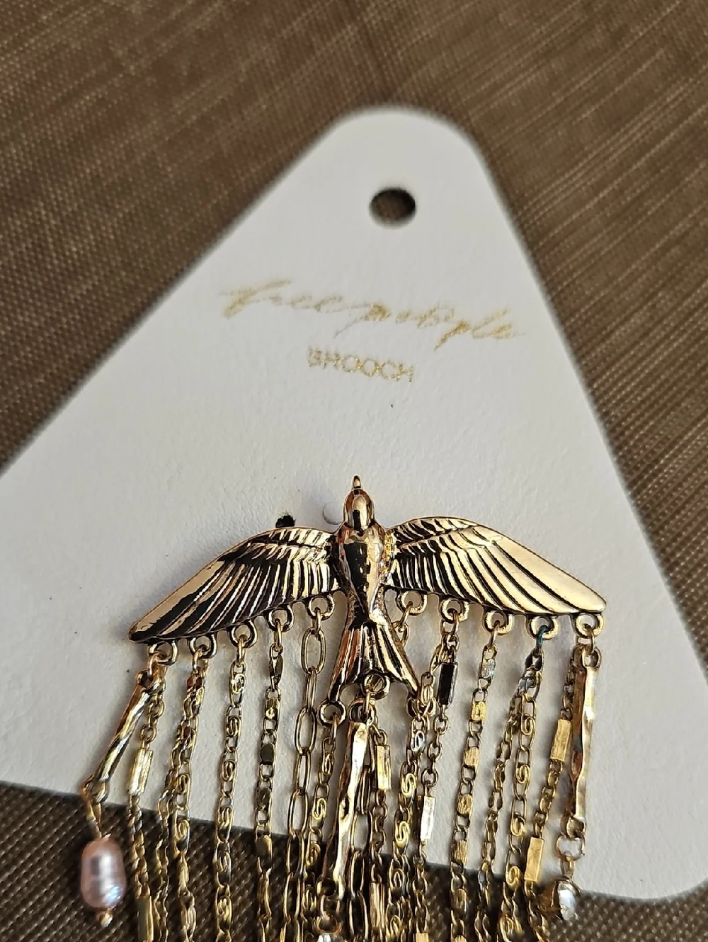 NWT Free People Cresta Dangle Bird Gold Winged Fringe Brooch Blue Clear Accents